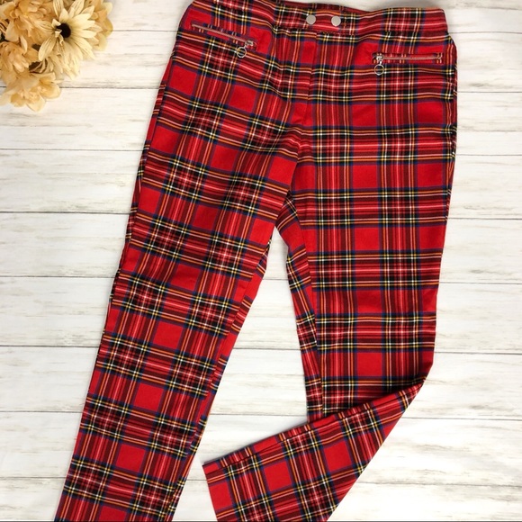 red plaid slim fit pants
